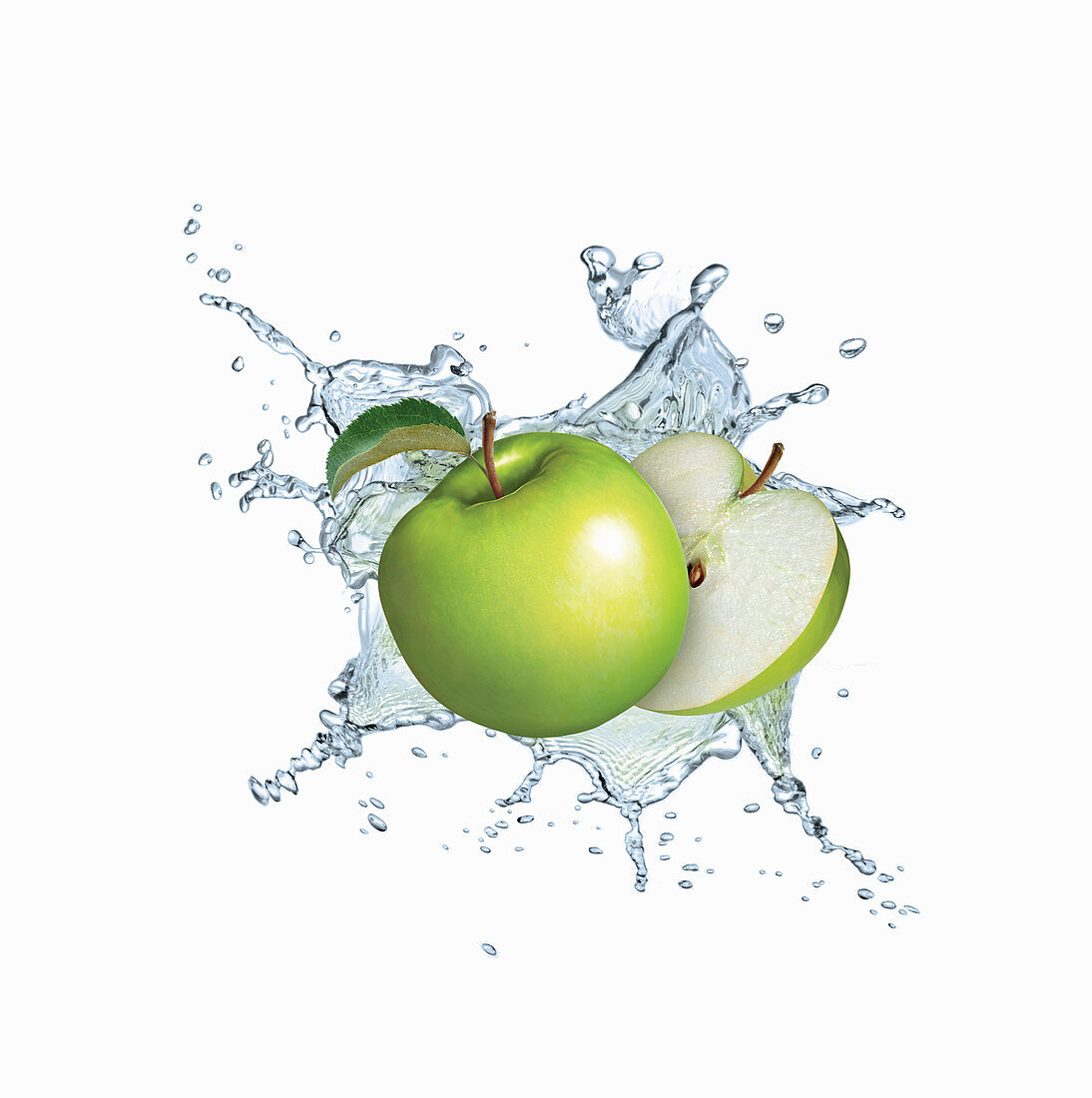 Water splashing around green apples, illustration