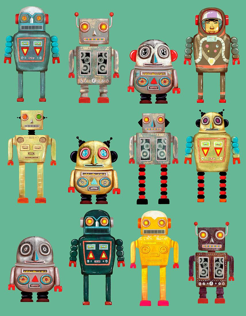 Variety of robots in a row, illustration