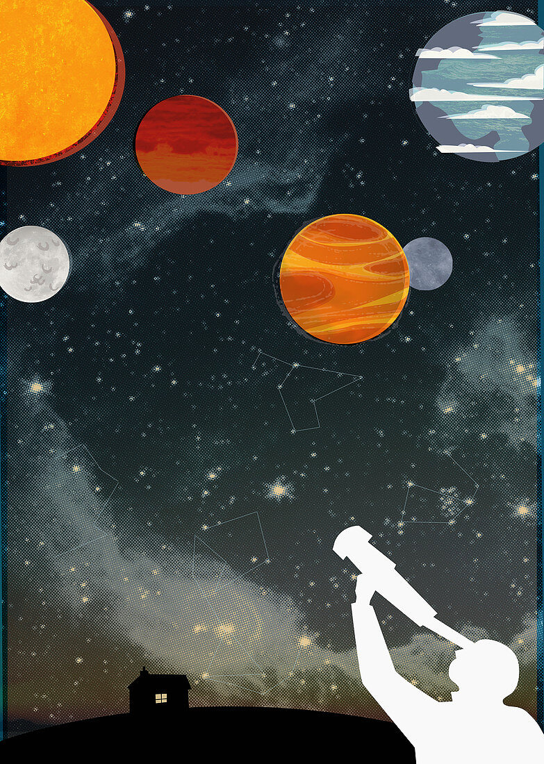 Man looking up at stars and planets, illustration