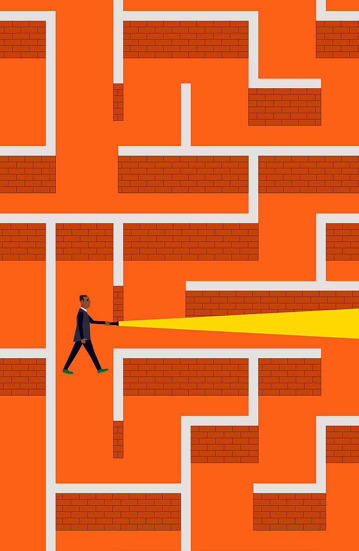 Businessman with torch lost in brick wall maze, illustration