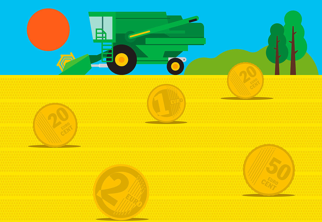 Harvester in field of euro coin hay bales, illustration