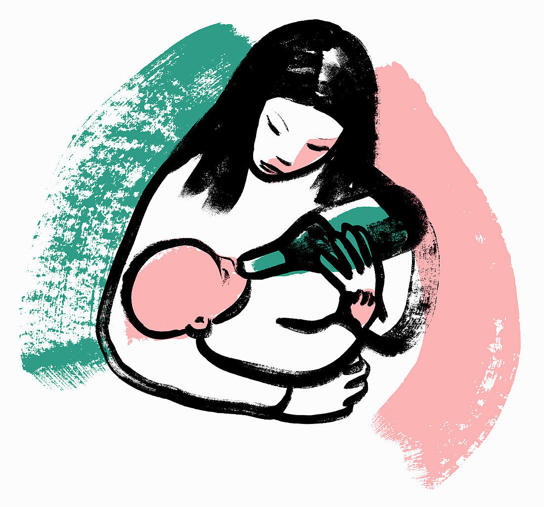 Woman feeding baby from wine bottle, illustration