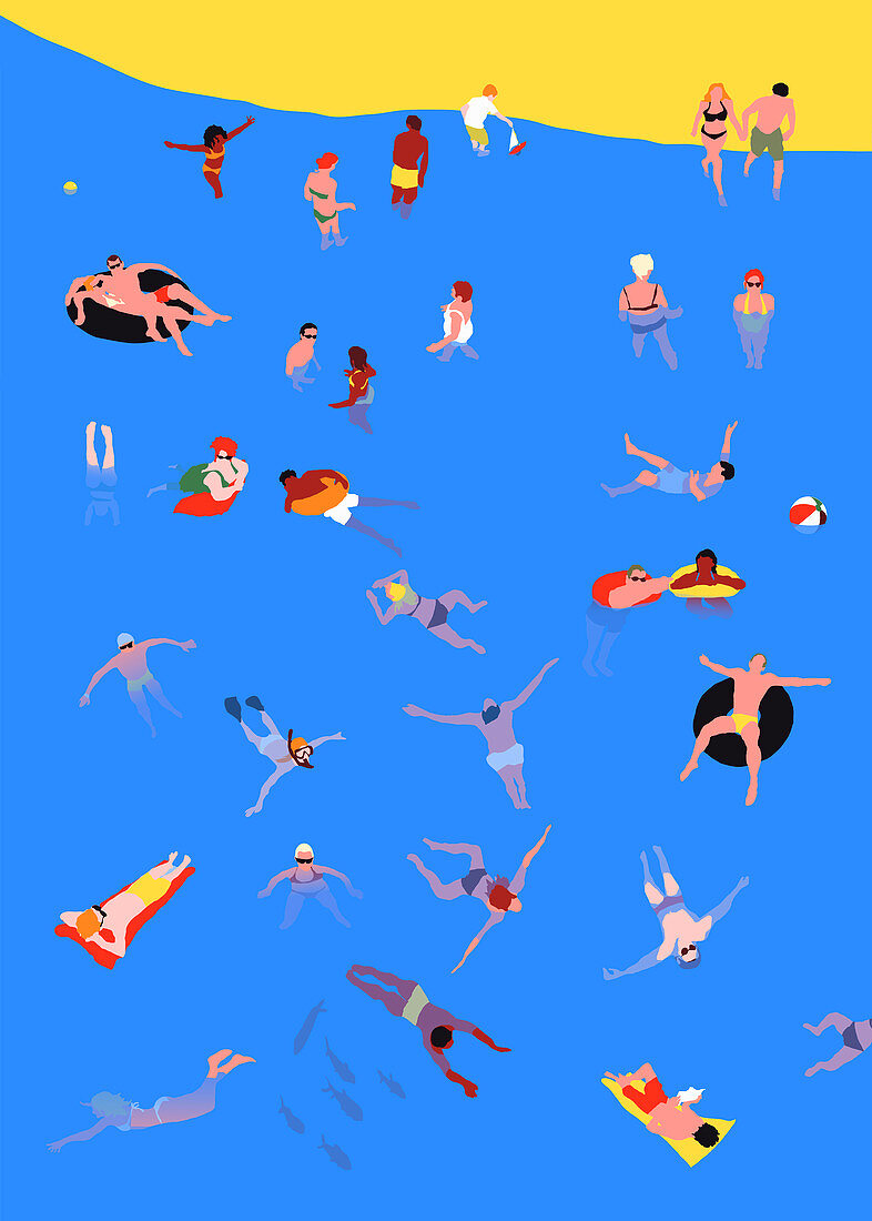 People swimming and relaxing in sea, illustration