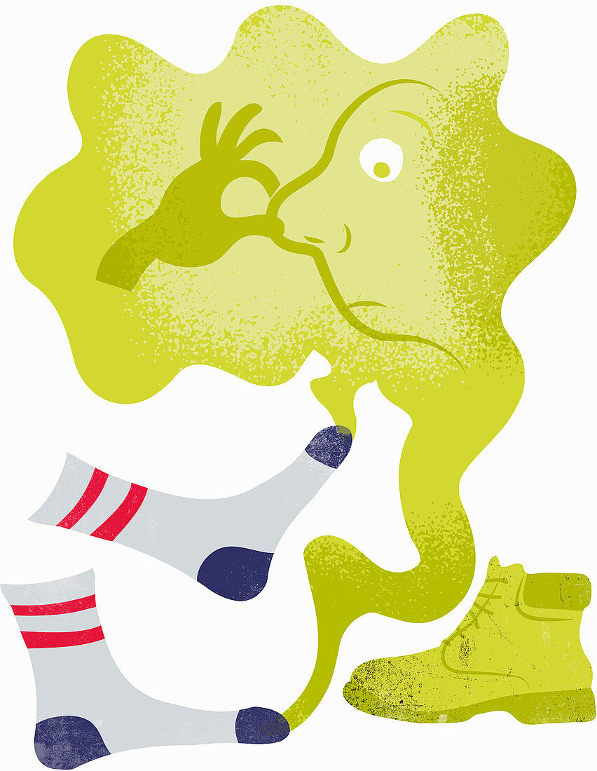Face holding nose in fumes from smelly feet, illustration