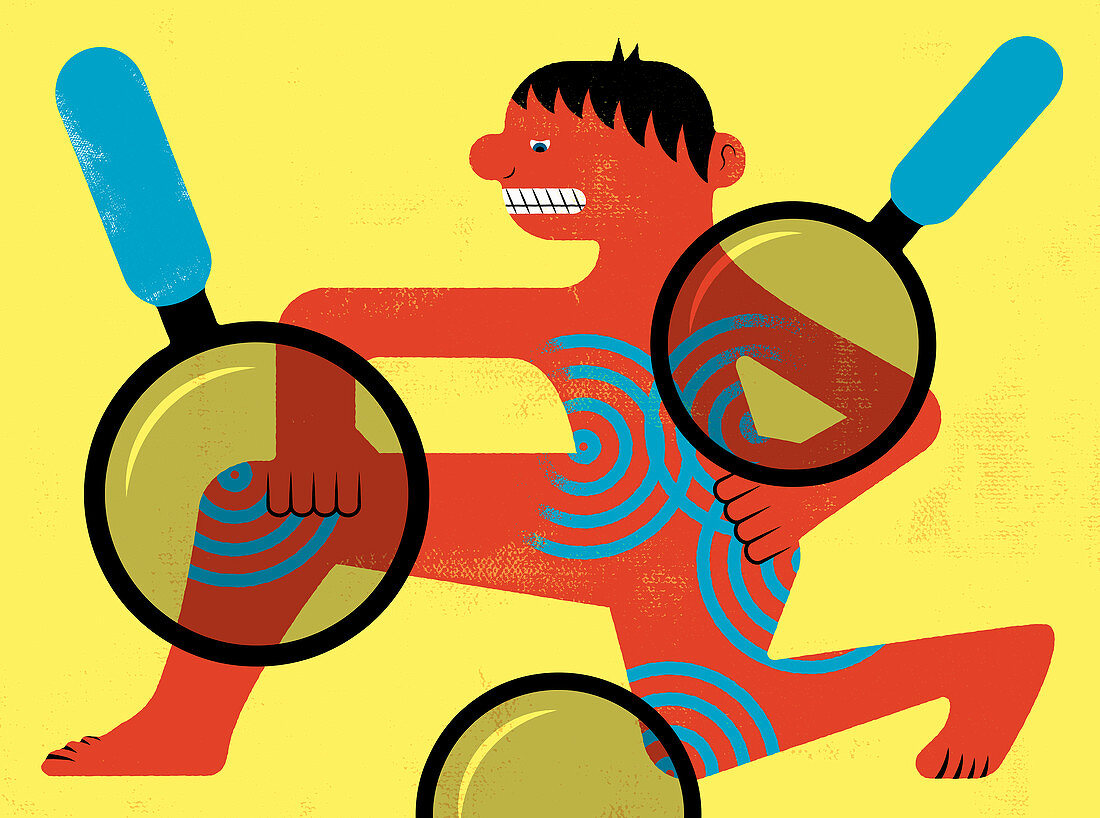 Targets and magnifying glasses on man in pain, illustration