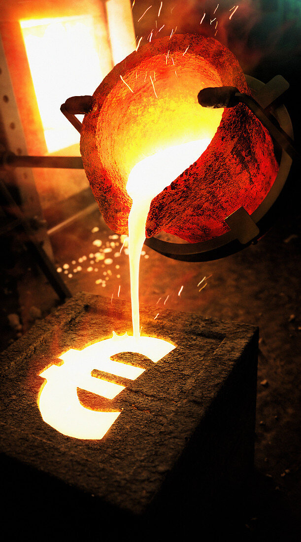 Molten metal pouring into euro sign mold, illustration