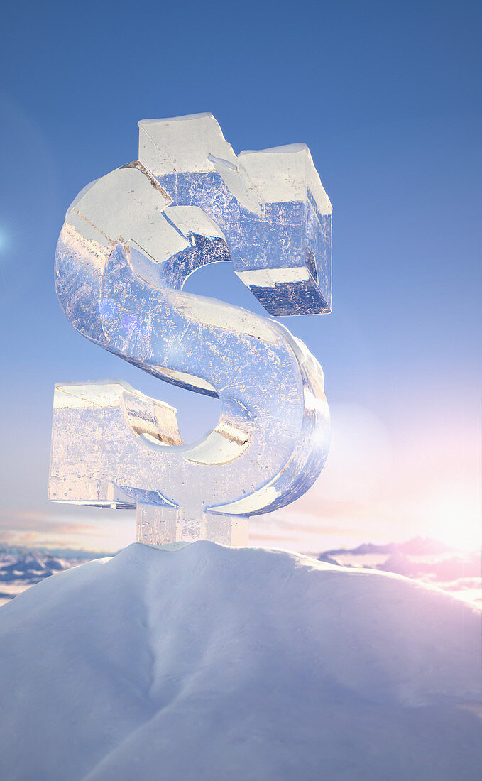 Frozen dollar sign on top of mountain, illustration
