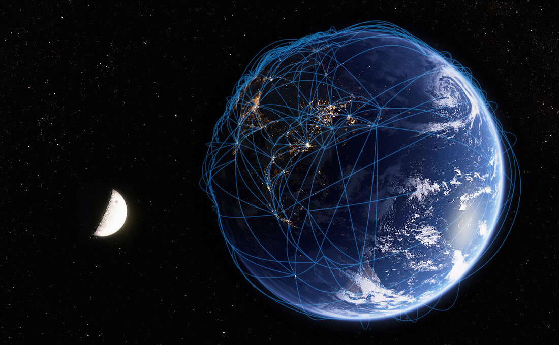 Global communications network from space, illustration