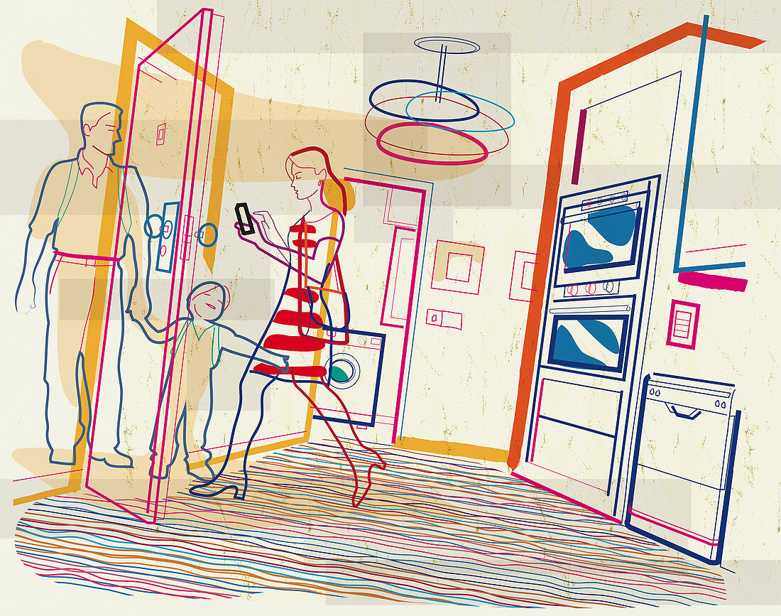 Woman leaving house checking smart phone, illustration