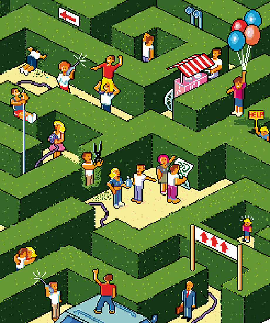 People lost in maze looking for way out, illustration