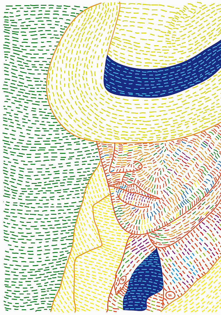 Obscured face of man wearing panama hat, illustration