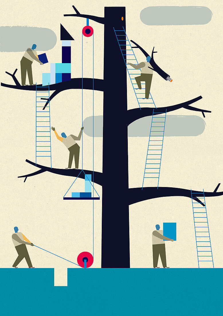 Workers using teamwork to assemble tree, illustration