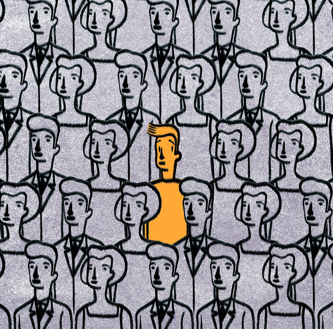 Young man standing out from the crowd, illustration
