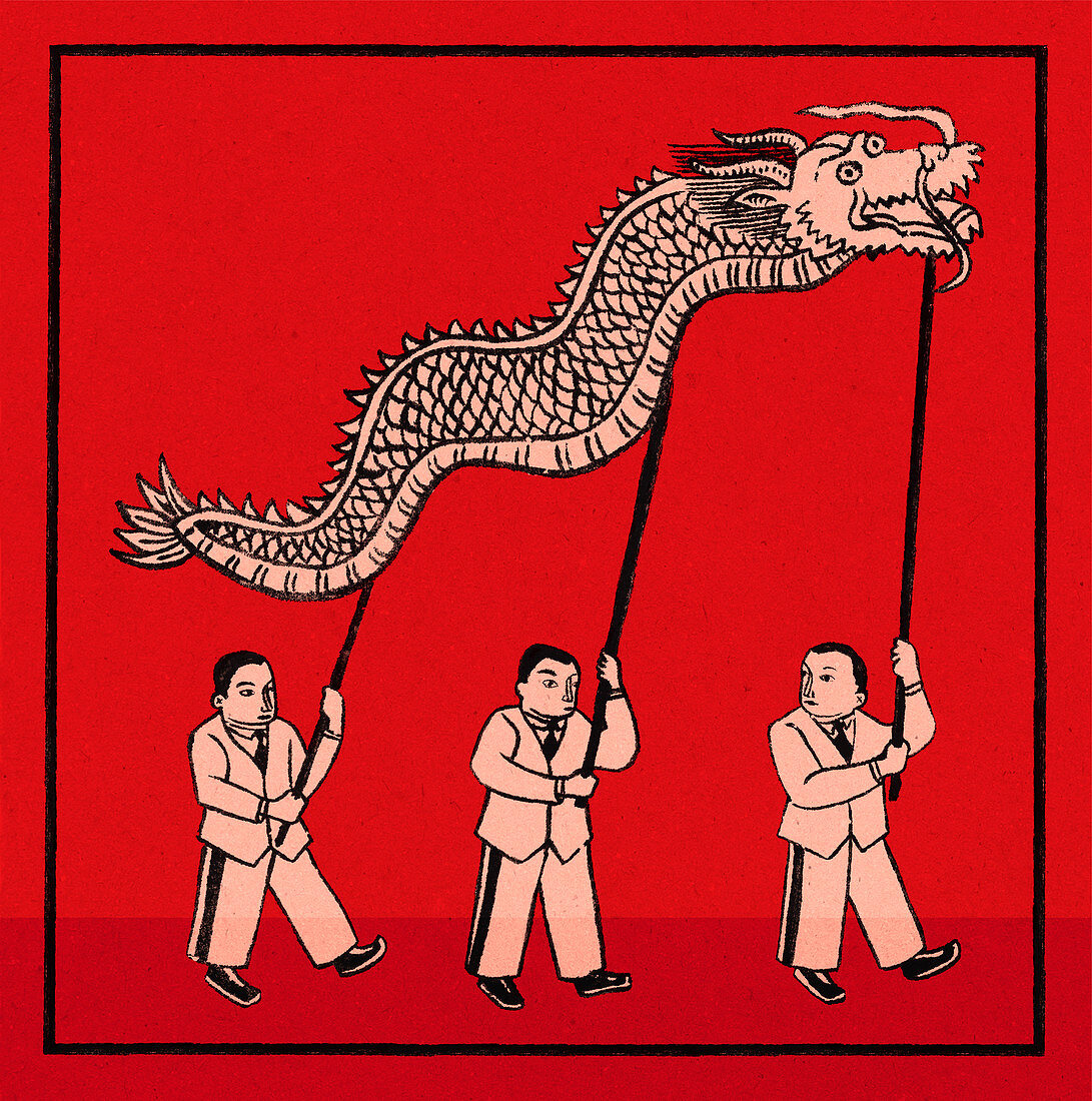 Chinese businessmen supporting dragon, illustration