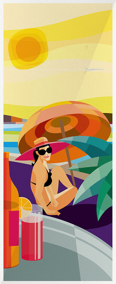 Drinks tray approaching woman on sunny beach, illustration