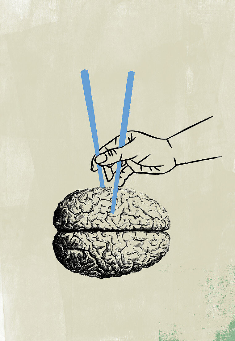 Hand using chopsticks to pick up human brain, illustration