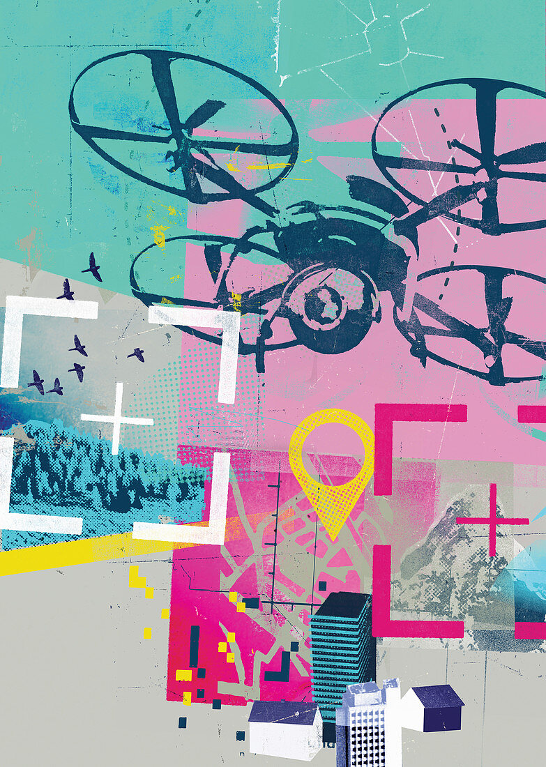 Drone photographing in GPS collage, illustration