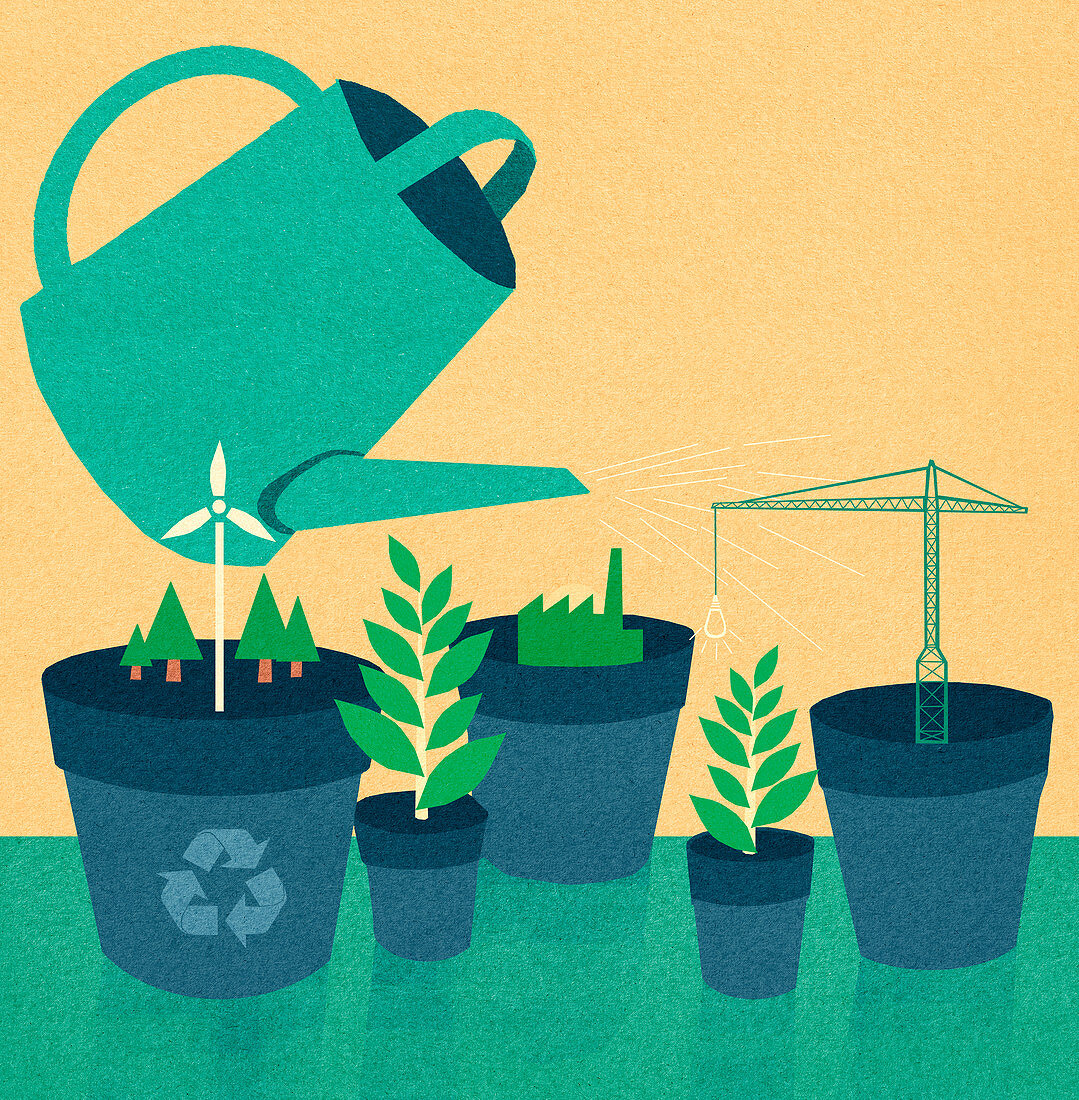 Watering can and industries in plant pots, illustration
