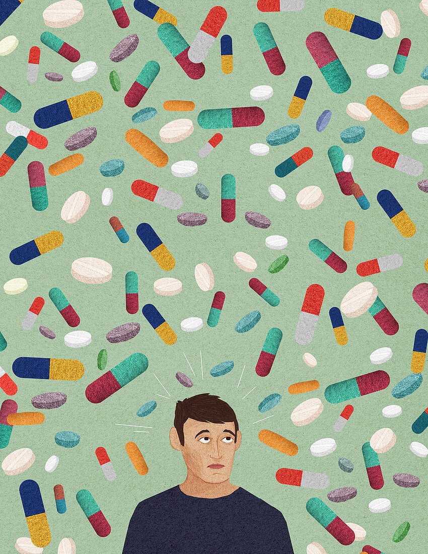 Anxious man surrounded by lots of pills, illustration