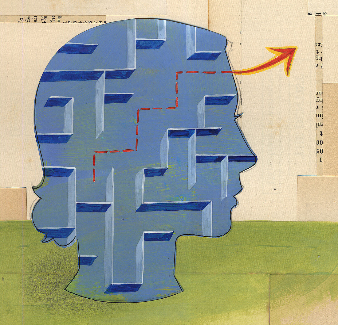 Woman solving maze puzzle inside of head, illustration