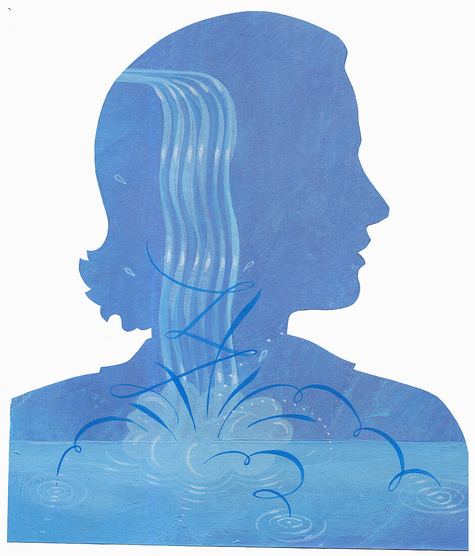 Woman with splashing water inside of head, illustration