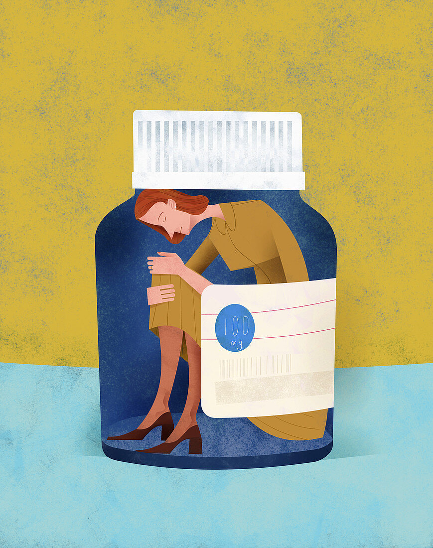 Unhappy woman trapped inside of pill bottle, illustration