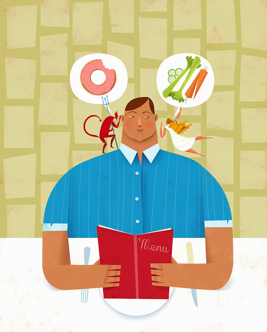 Man choosing healthy or unhealthy food, illustration