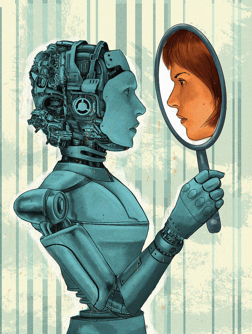 Female robot holding mirror, illustration