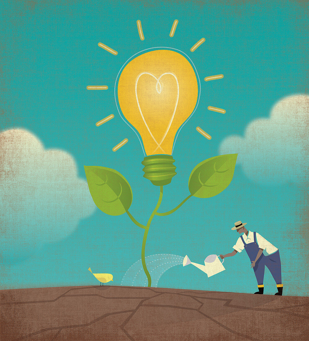 Farmer watering light bulb plant, illustration