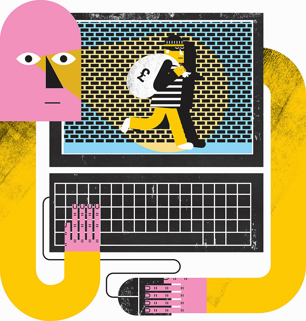 Anxious man with arms around laptop, illustration