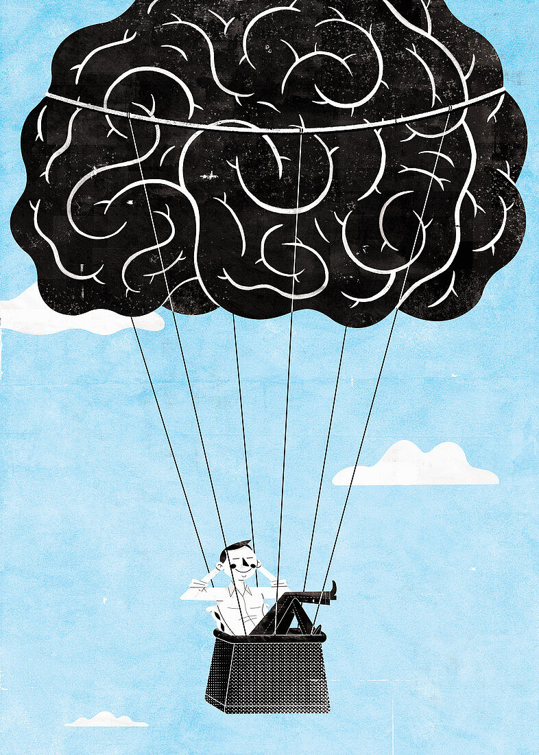 Happy man relaxing in brain hot air balloon, illustration