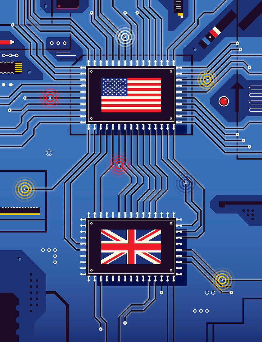 American and British flags on circuit board, illustration