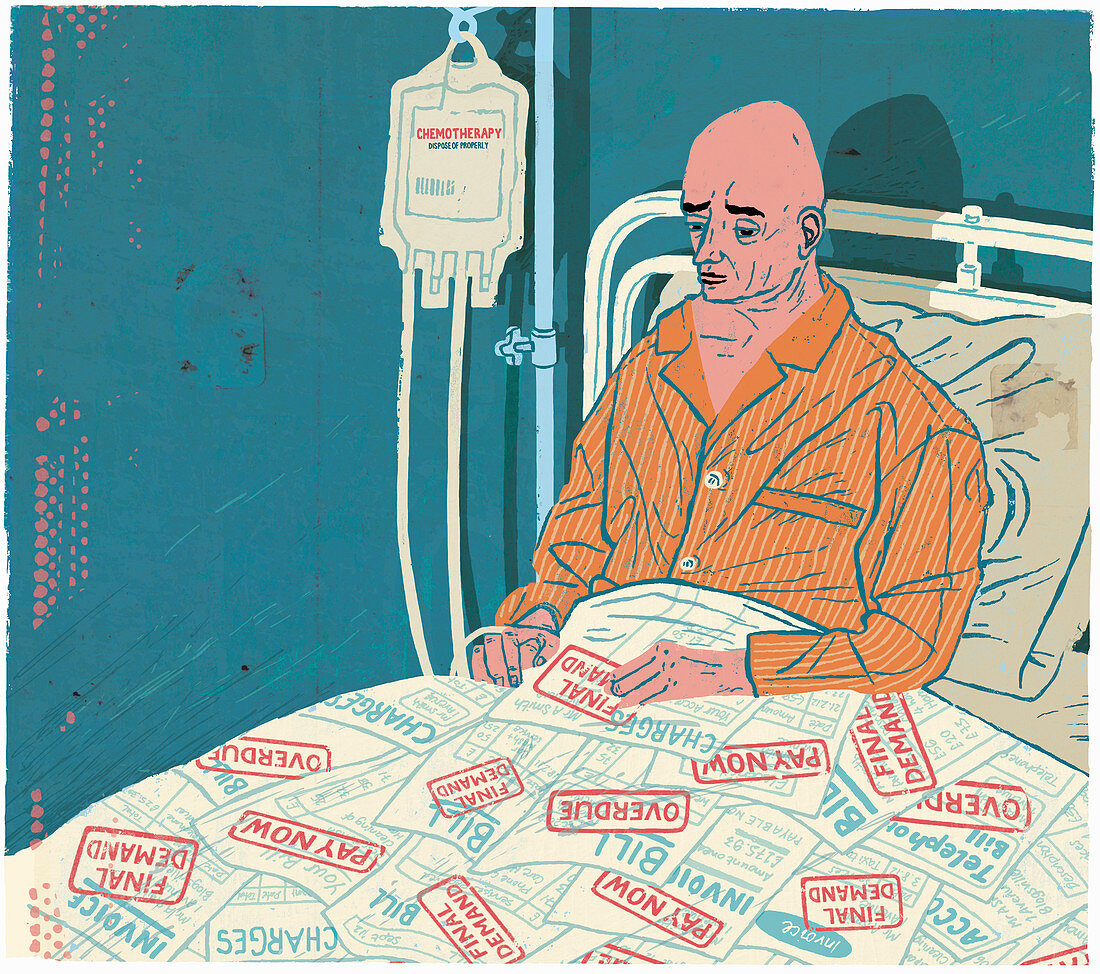 Cancer patient in hospital bed with bills, illustration