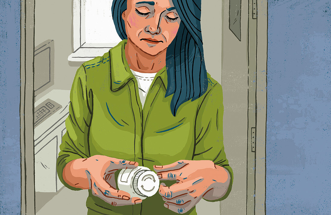 Woman taking medicine at work, illustration
