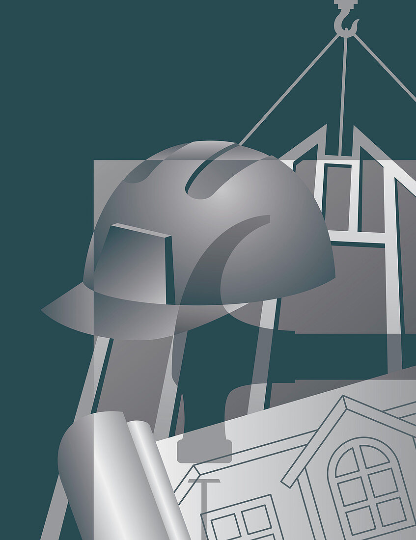 Architect's drawing and hard hat, illustration