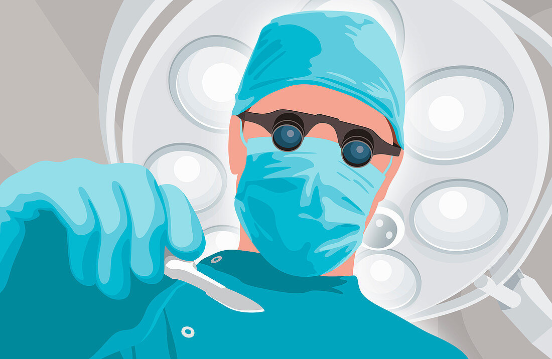 Surgeon with binocular magnifiers, illustration