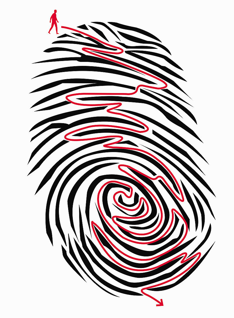 Man finding path through maze on fingerprint, illustration