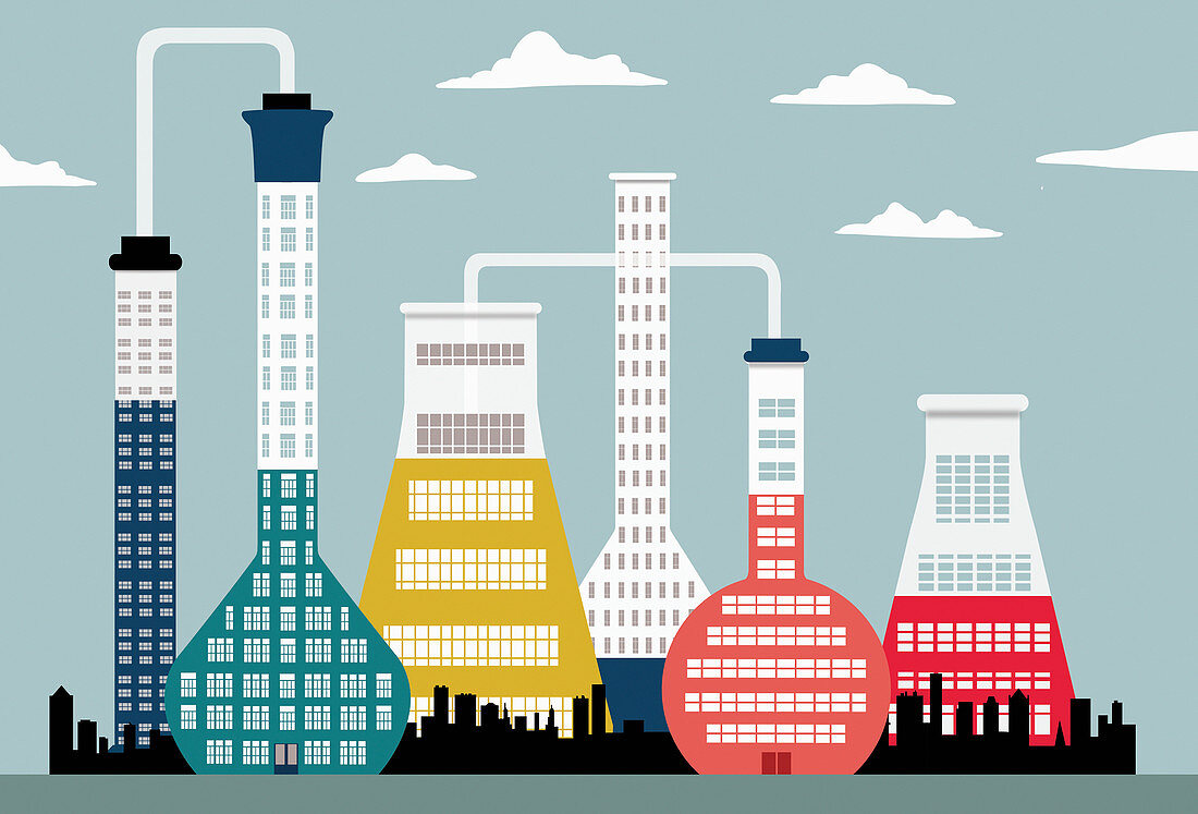 Buildings shaped like laboratory flasks, illustration