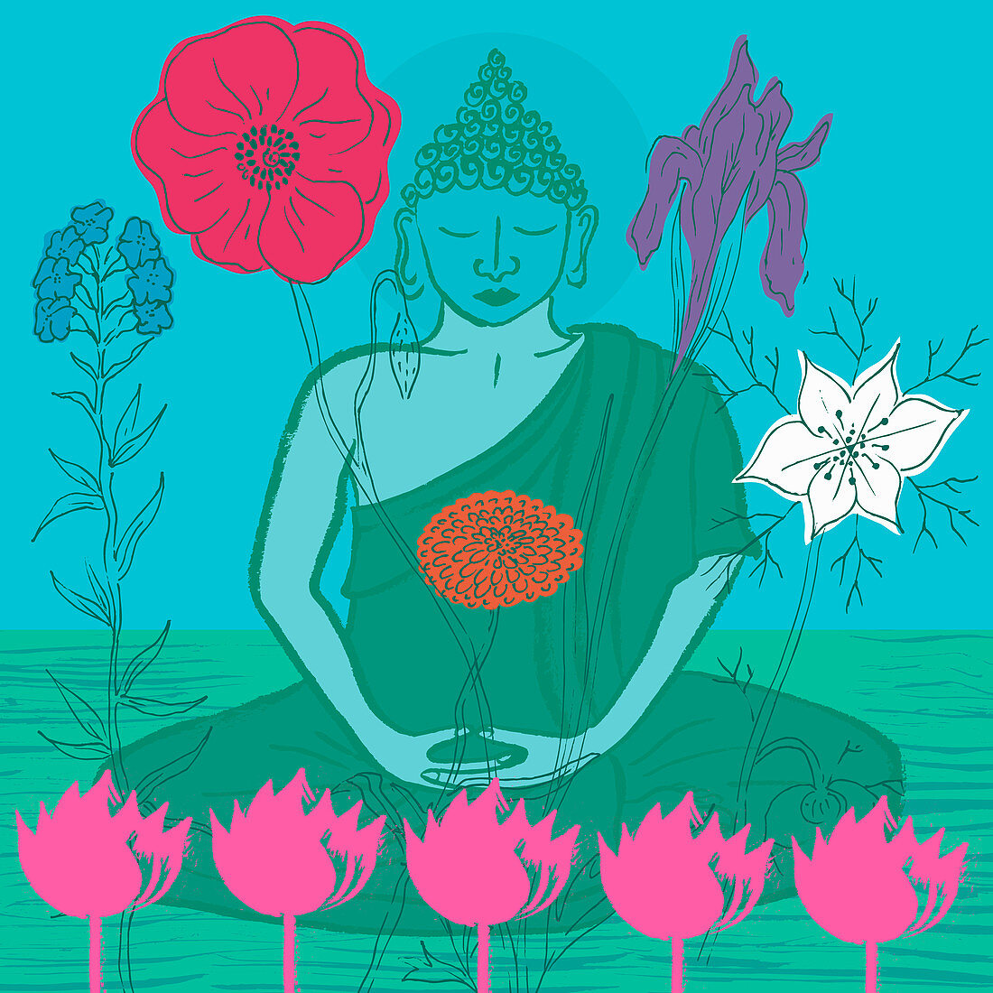 Buddha surrounded by flowers, illustration