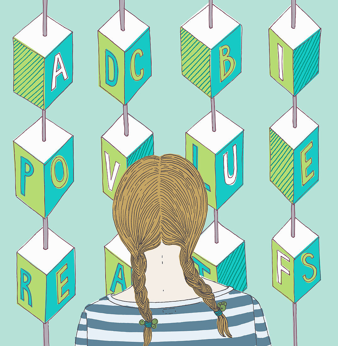 Girl looking at alphabet blocks, illustration