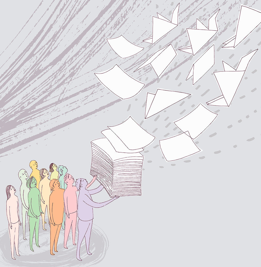 People watching paper becoming origami cranes, illustration