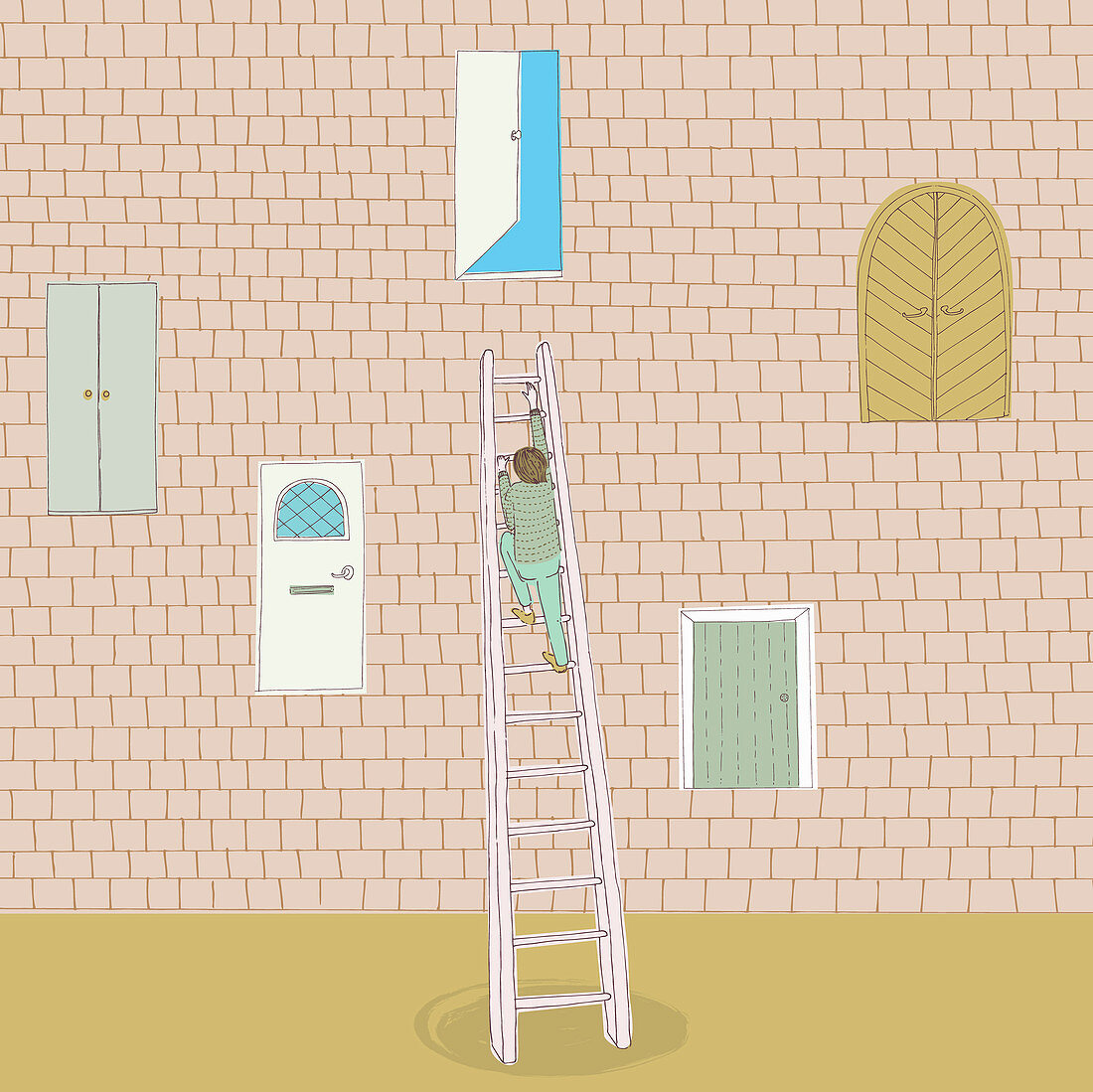 Man climbing ladder to open door, illustration