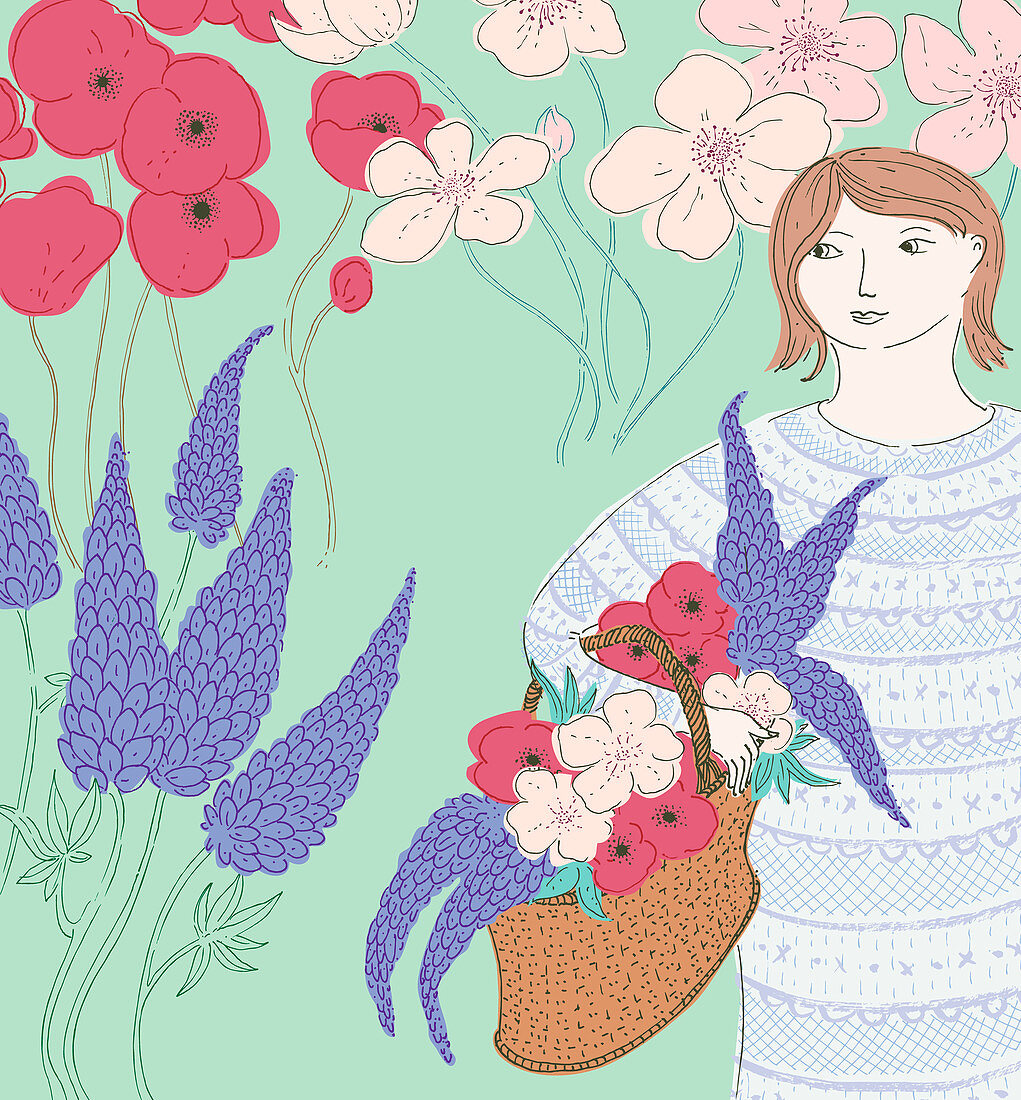 Woman in garden with basket of flowers, illustration
