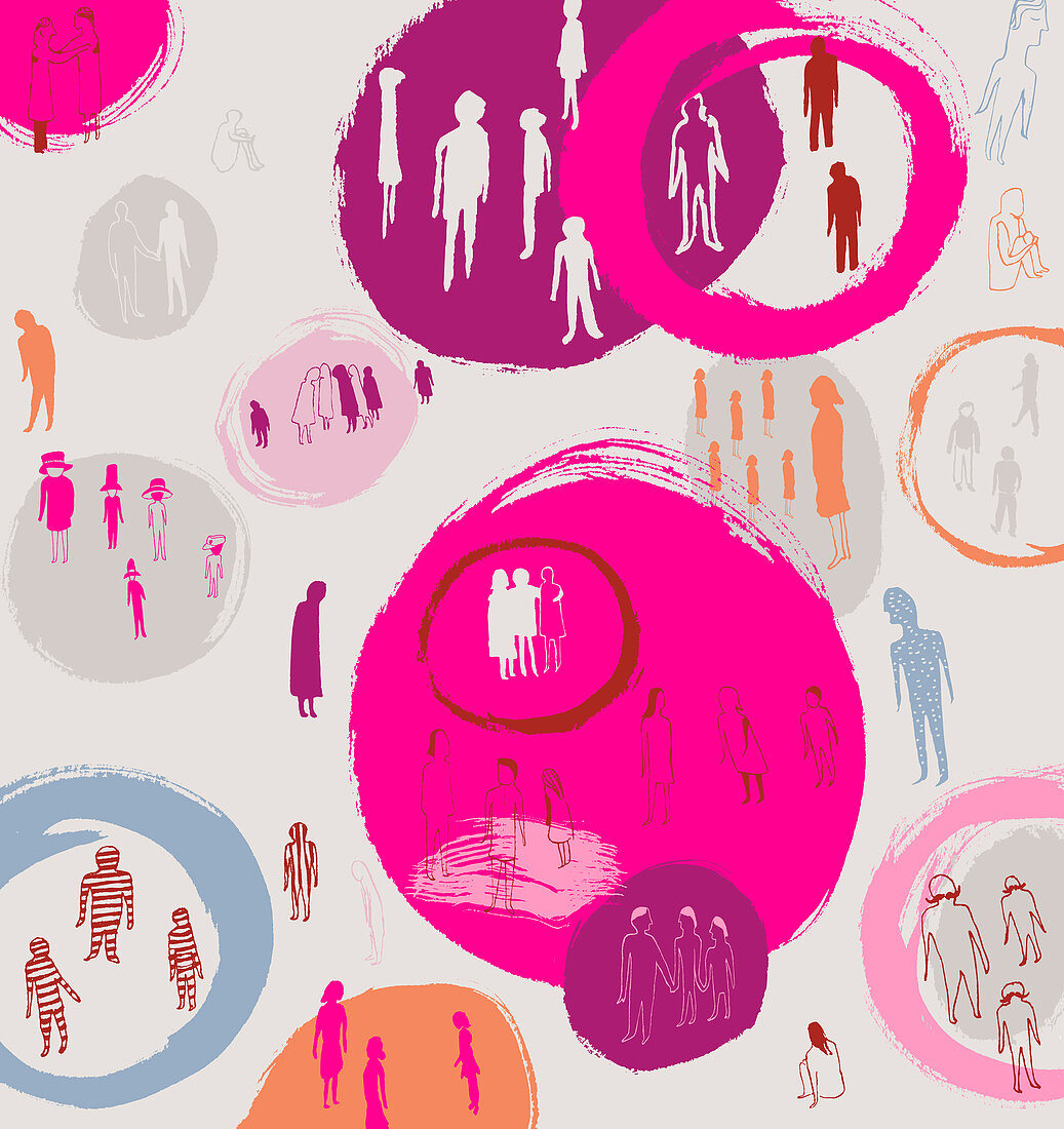 People segregated into groups by circles, illustration