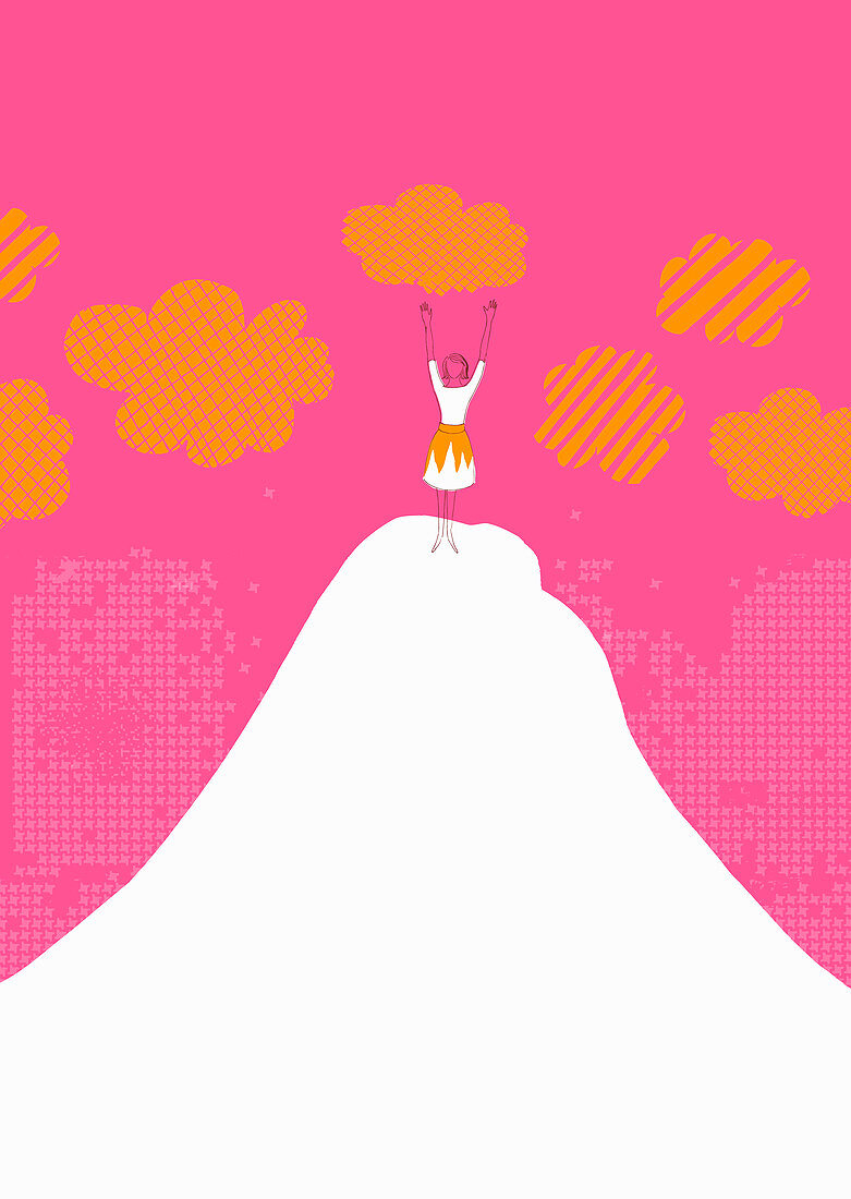 Woman celebrating on top of mountain, illustration