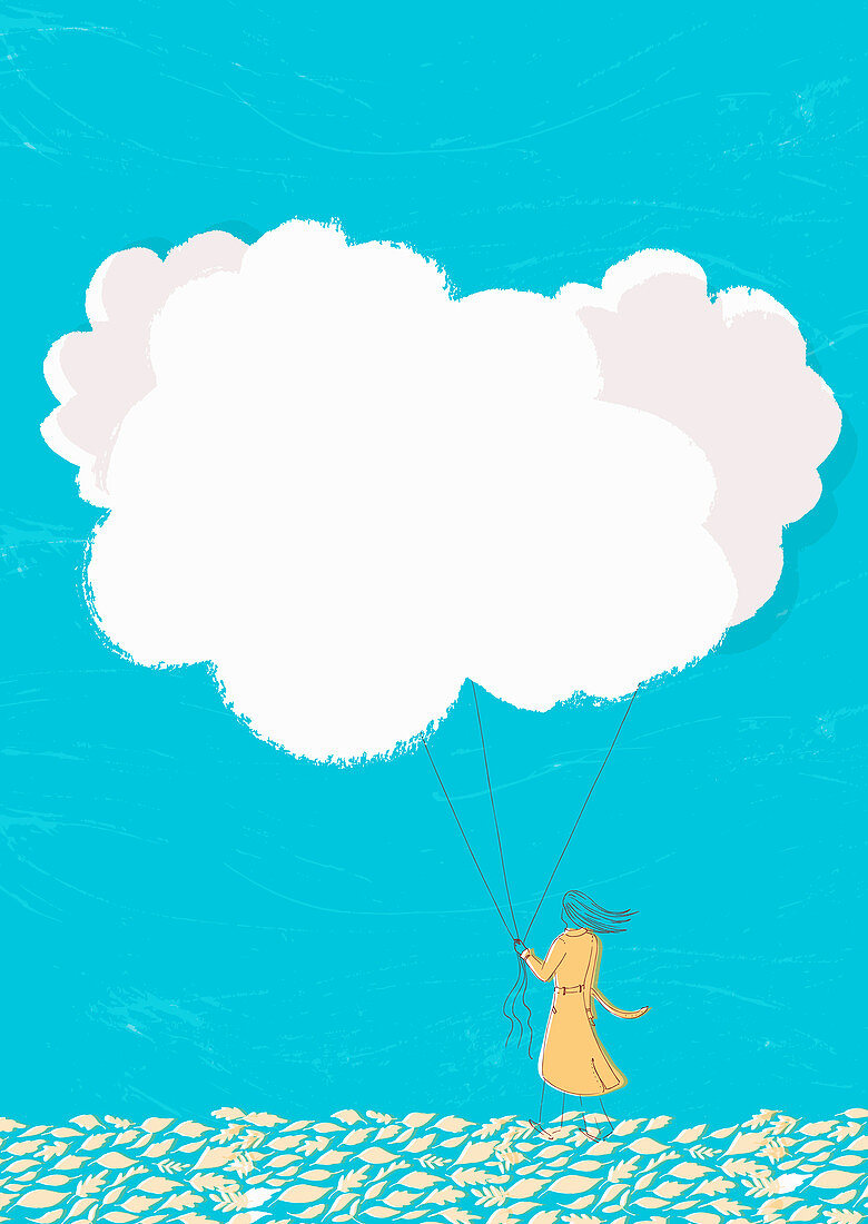 Woman holding cloud balloons on string, illustration