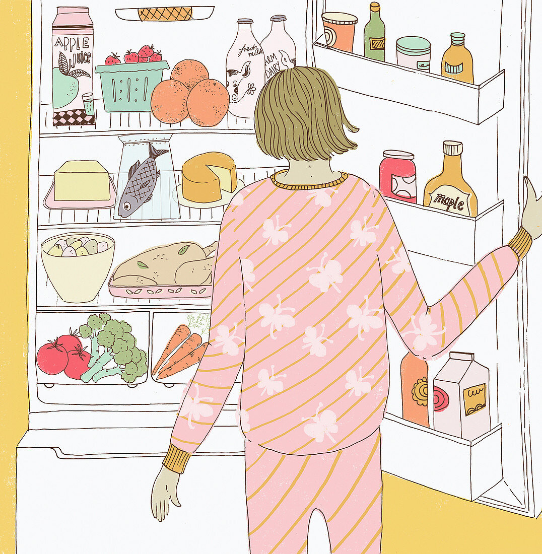 Woman looking in the fridge, illustration
