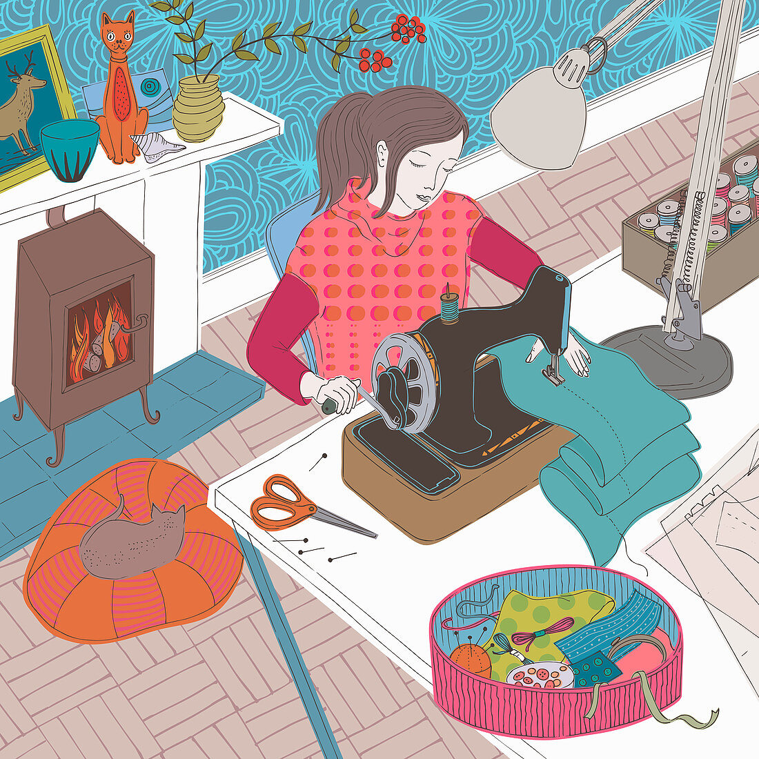 Young woman using sewing machine, illustration