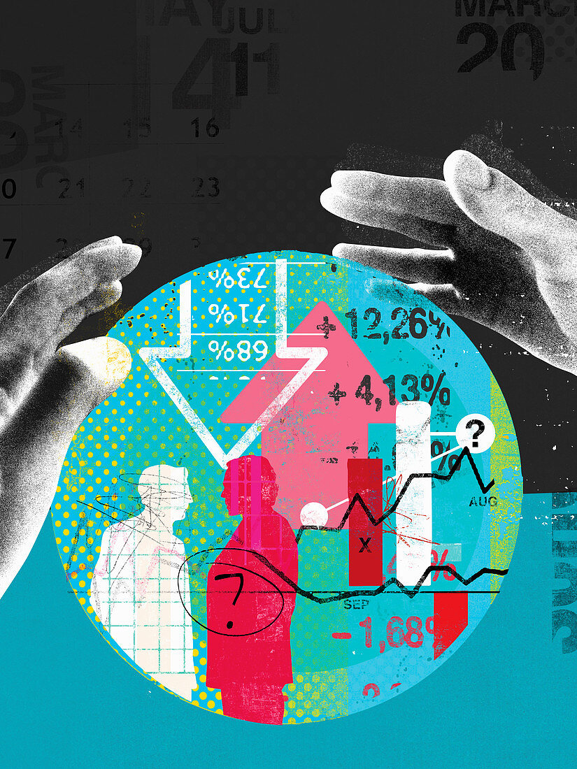Hands around finance data inside of ball, illustration