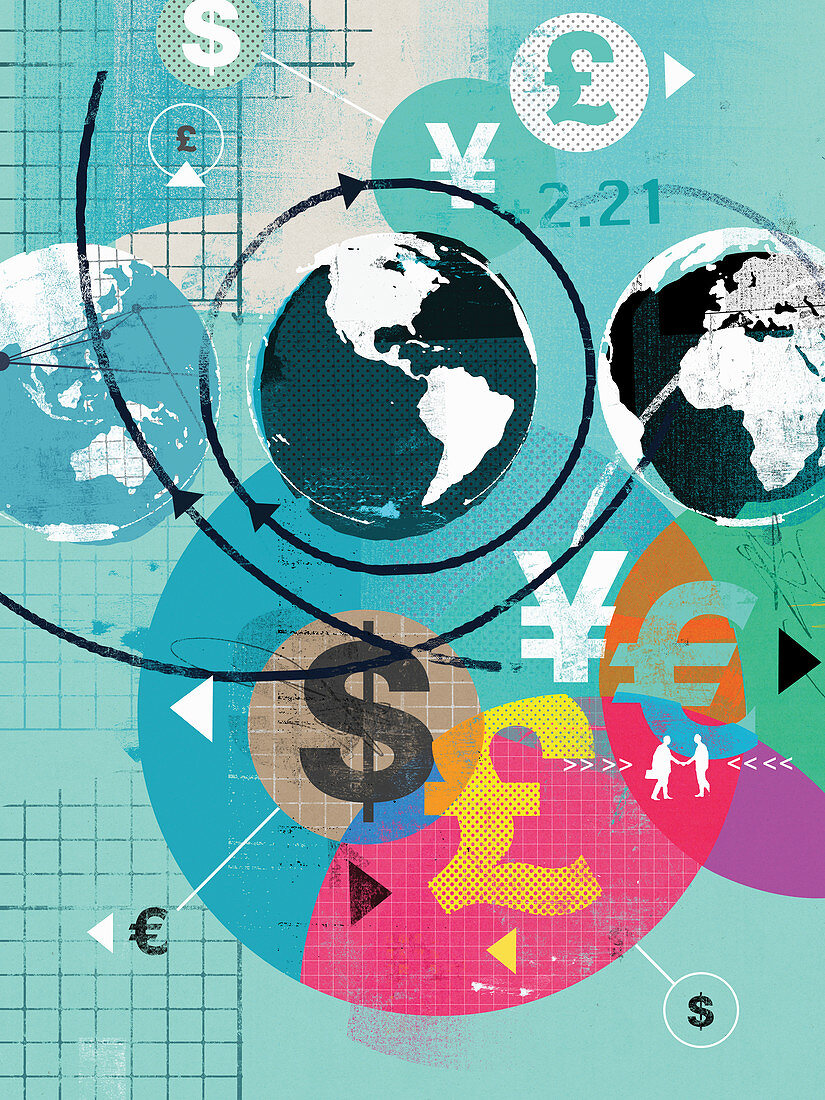 Finance and international currency symbols, illustration